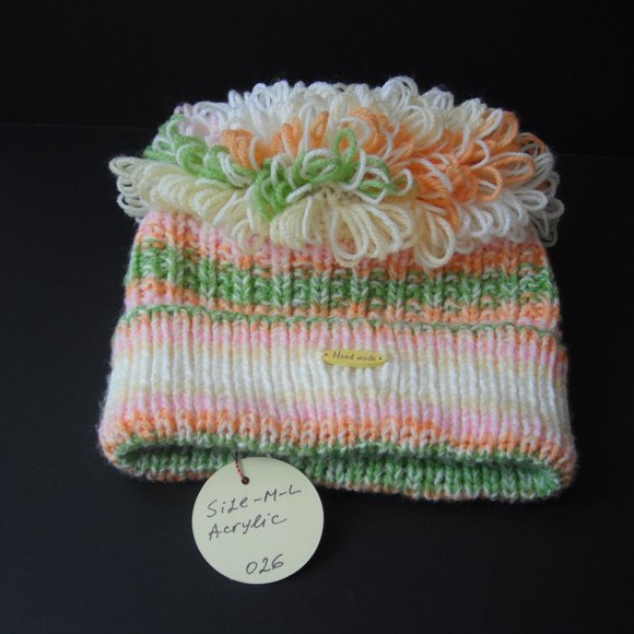 Hand Knitted Hat Toque Adult Size - L-M  Acrylic Pink/Yellow 026 Hand knit by me - Picture 6 of 7